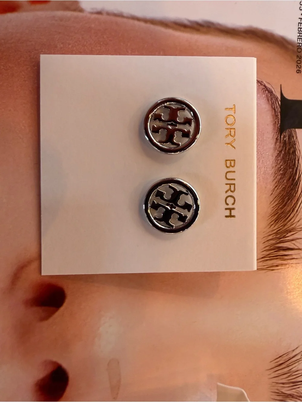 Tory Burch Silver Round Logo Stud Earrings